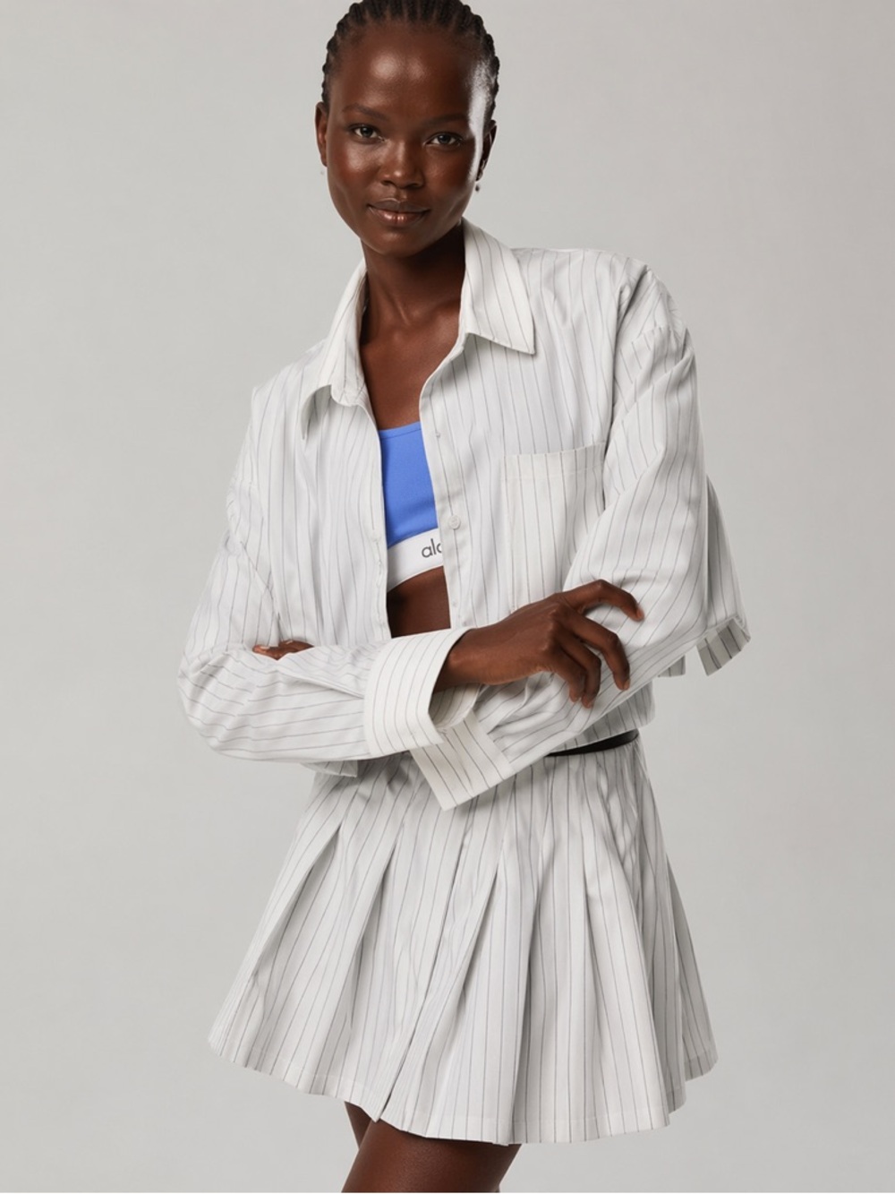 OFFLINE by Aerie Cropped Button-Up Shirt – Pinstripe – Size M